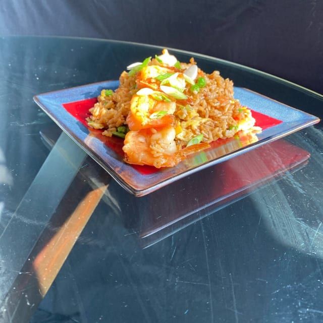 Crab Cakes and Steak Bites with Hibachi Fried Rice and Broccoli.