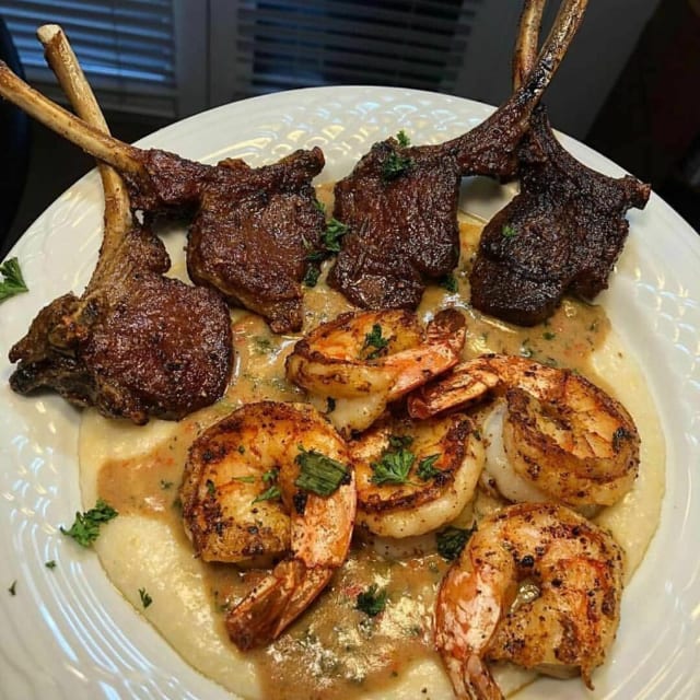 Surf and Turf- Lamb Chops & Shrimp with Hibachi Fried Rice and Broccoli.